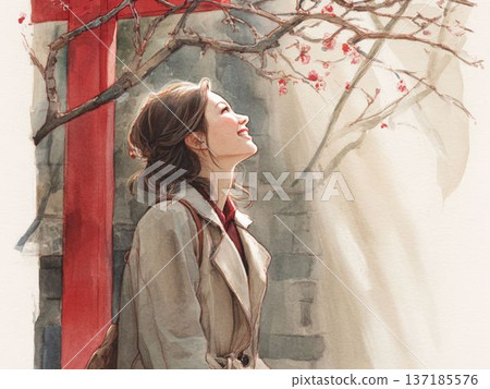 春日的陽光灑在神社的鳥居上，櫻花盛開，一位女子沐浴其中。這幅畫象徵著希望和新生。水彩插畫。 137185576