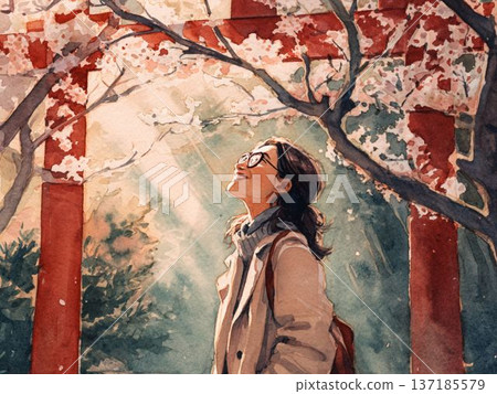 春日的陽光灑在神社的鳥居上，櫻花盛開，一位女子沐浴其中。這幅畫象徵著希望和新生。水彩插畫。 137185579