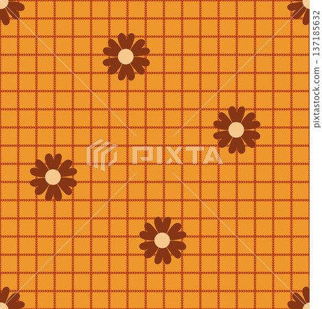 Retro Daisy Gingham Check Textile Design 137185632
