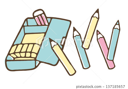 一個簡單的鉛筆盒、鉛筆和橡皮擦的示意圖 137185657