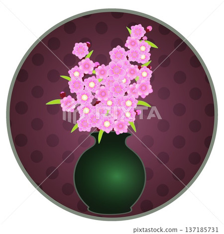 Illustration of peach blossoms arranged in a vase with a circular background Illustration of peach blossoms arranged in a vase with a circular background 137185731