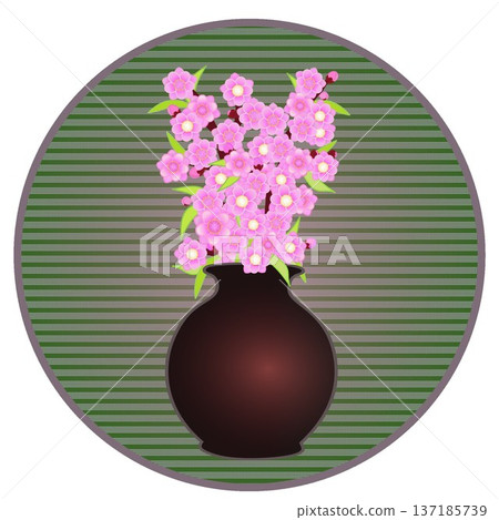 Illustration of peach blossoms arranged in a vase with a circular background Illustration of peach blossoms arranged in a vase with a circular background 137185739