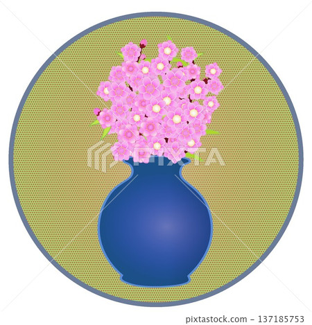 Illustration of peach blossoms arranged in a vase with a circular background Illustration of peach blossoms arranged in a vase with a circular background 137185753
