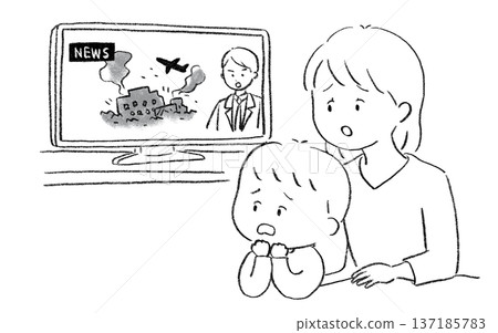 A boy and his mother who are worried about the news of the war 137185783