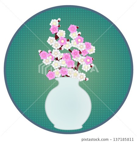 Illustration of peach blossoms arranged in a vase with a circular background Illustration of peach blossoms arranged in a vase with a circular background 137185811