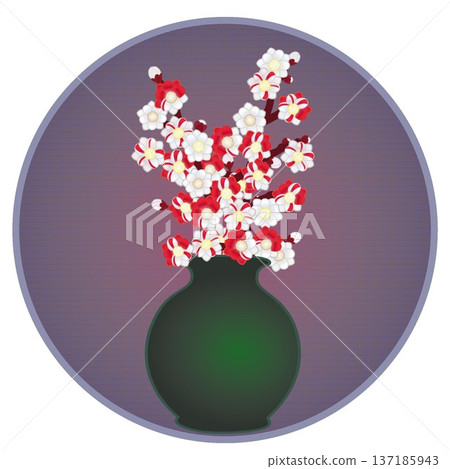 Illustration of peach blossoms arranged in a vase with a circular background Illustration of peach blossoms arranged in a vase with a circular background 137185943