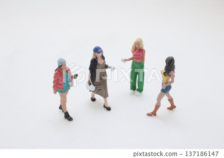Miniature Figures Stand Beside Small Street Coffee Cart Miniature Figures Stand Beside Small Street Coffee Cart 137186147
