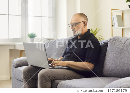 Mature man adjusts glasses while working on laptop at home living room interior Mature man adjusts glasses while working on laptop at home living room interior 137186179