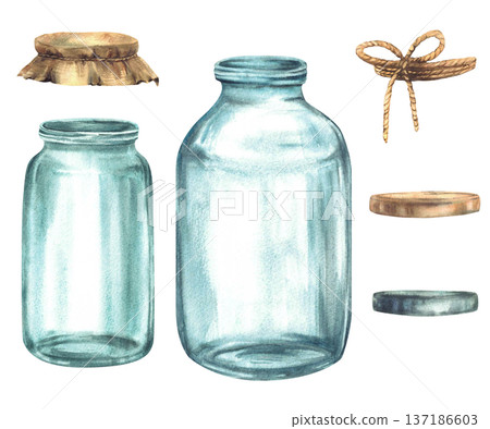 Watercolor glass jars set with lids and rope. Empty containers for storage or preservation. Hand drawn vintage illustration isolated on white.  137186603