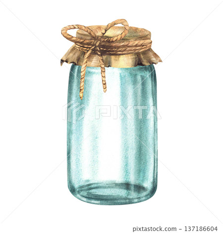 Watercolor glass jars with canvas burlap fabric lid tied with rope and beige bow. Empty containers for storage or preservation, jam. Hand drawn realistic vintage illustration isolated from background 137186604