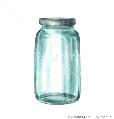 Watercolor Glass jar with silver lid. Realistic hand painted old glassware, Empty container for storage or preservation. Hand drawn vintage illustration isolated from background for kitchen, eco farm. Watercolor Glass jar with silver lid. Realistic hand painted old glassware, Empty container for storage or preservation. Hand drawn vintage illustration isolated from background for kitchen, eco farm. 137186606