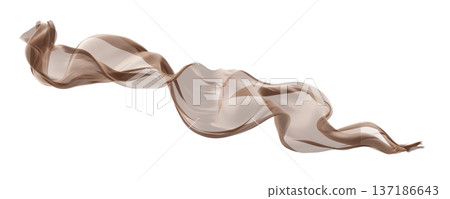 Sheer dark beige brown fabric flowing in the wind isolated on white background design element for fashion, cosmetic branding transparent cloth 3D render 137186643