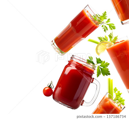 Multiple tomato juice glasses with celery and herbs isolated on white background, concept of freshness 137186734
