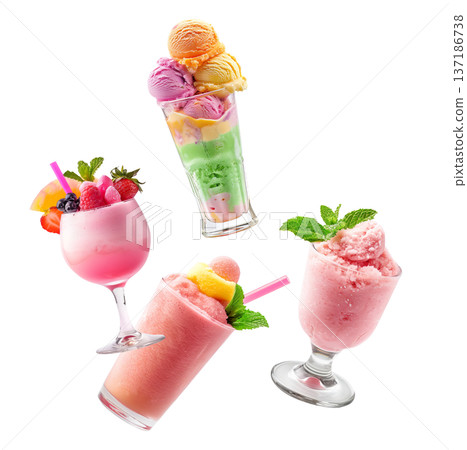 Assorted vibrant frozen beverages sherbet and ice cream isolated on white background, expressing summer refreshment concept Assorted vibrant frozen beverages sherbet and ice cream isolated on white background, expressing summer refreshment concept 137186738