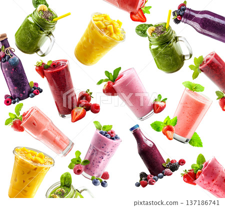 Assorted fruit and green smoothies in clear jars, isolated on white backdrop, concept of healthy freshness Assorted fruit and green smoothies in clear jars, isolated on white backdrop, concept of healthy freshness 137186741