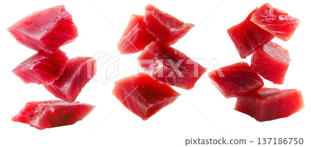 Set of raw tuna cubes Micronesian sashimi isolated on white transparent background, representing seafood freshness Set of raw tuna cubes Micronesian sashimi isolated on white transparent background, representing seafood freshness 137186750