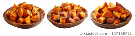 Set of baked or roasted sweet potato wedges with herbs and spices, isolated on white background, concept of healthy homemade snack Set of baked or roasted sweet potato wedges with herbs and spices, isolated on white background, concept of healthy homemade snack 137186751