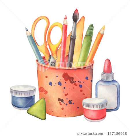 Cup with stationery: scissors, pencils, marker, ruler, brush, eraser, paints, glue. Hand-painted watercolor illustration isolated on white for school branding, education material, planners, poster Cup with stationery: scissors, pencils, marker, ruler, brush, eraser, paints, glue. Hand-painted watercolor illustration isolated on white for school branding, education material, planners, poster 137186918