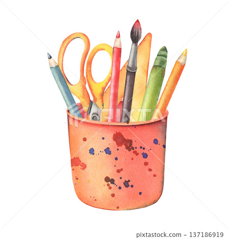 Cup with stationery: scissors, pencils, marker, ruler, brush. Hand-painted watercolor illustration isolated on white for school branding, education material, office design, planners, poster, packaging Cup with stationery: scissors, pencils, marker, ruler, brush. Hand-painted watercolor illustration isolated on white for school branding, education material, office design, planners, poster, packaging 137186919