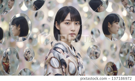 一位身著和服的日本女子站在一個被鏡子環繞的無限空間中。 一位身著和服的日本女子站在一個被鏡子環繞的無限空間中。 137186972
