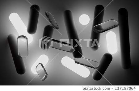 Abstract black and white 3D background. Geometric design with flying liquid glass plate shapes, round sticks in shadow, circle light effect and glowing lines. Technology wallpaper. 3D illustration 137187064