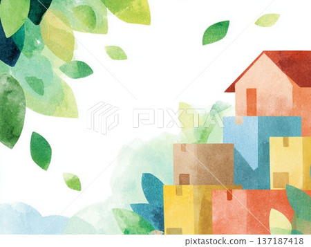 一棟被綠植和紙箱環繞的小房子。自然的背景,象徵新生和搬遷。水彩插畫。 一棟被綠植和紙箱環繞的小房子。自然的背景,象徵新生和搬遷。水彩插畫。 137187418