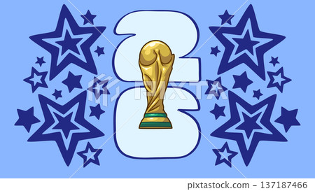 Gold soccer trophy cup with America ethnic patterns and 2026 text on an blue background, representing the international football world event. Vector illustration. Gold soccer trophy cup with America ethnic patterns and 2026 text on an blue background, representing the international football world event. Vector illustration. 137187466