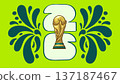 Gold soccer trophy cup with mexican ethnic patterns and 2026 text on an green background, representing the international football world event. Vector illustration. 137187467