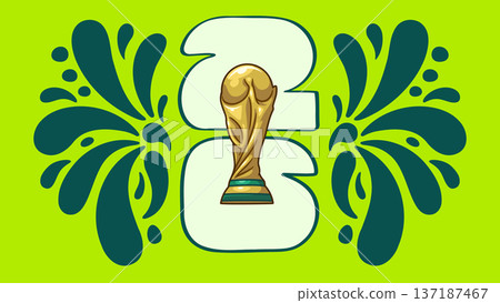 Gold soccer trophy cup with mexican ethnic patterns and 2026 text on an green background, representing the international football world event. Vector illustration. 137187467