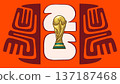 Gold soccer trophy cup with Canada ethnic patterns and 2026 text on an red background, representing the international football world event. Vector illustration. 137187468