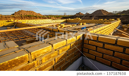 Construction site of new house with golden brick foundation walls concept real estate investment wealth high property value profit 137187638