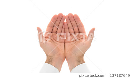 Two male hands cupped together in open gesture isolated on white background representing begging prayer or offering support and help concept 137187649