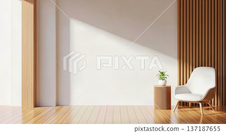 Modern minimalist living room interior with white wall wooden panel floor and armchair next to green plant representing home design and furniture Modern minimalist living room interior with white wall wooden panel floor and armchair next to green plant representing home design and furniture 137187655
