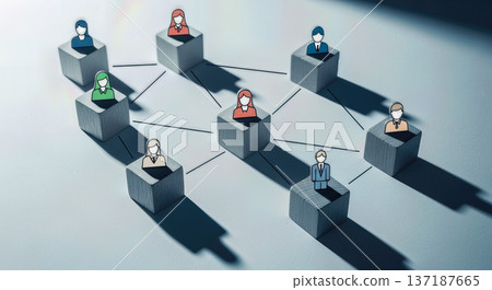 Wooden blocks with people icons connected by lines on white surface, business team structure concept, human resources management, social network diagram model 137187665