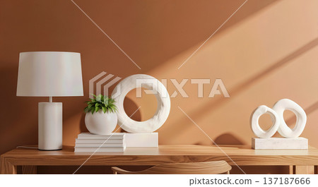 Minimalist home office interior with wooden desk and lamp on brown wall background, modern workspace decoration, stylish room design, aesthetic table setup 137187666