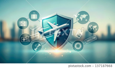 Airplane flying through protective shield with travel safety icons around, insurance protection concept, tourism security emblem, flight risk management symbol graphic Airplane flying through protective shield with travel safety icons around, insurance protection concept, tourism security emblem, flight risk management symbol graphic 137187668