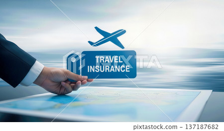 travel insurance concept hand holding blue sign with airplane icon over world map and sea background tourism safety medical protection vacation planning security luggage travel insurance concept hand holding blue sign with airplane icon over world map and sea background tourism safety medical protection vacation planning security luggage 137187682