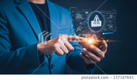 cyber security concept businessman using smartphone touching virtual warning firewall icon network protection data safety privacy internet technology online system mobile app corporate security 137187691