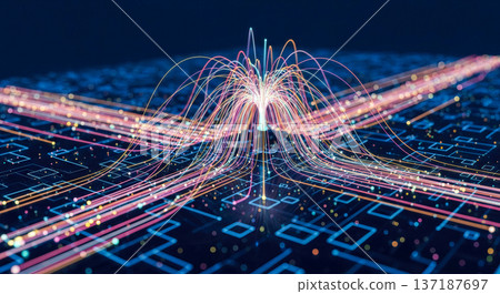 Futuristic technology background with glowing fiber optic lines rising from computer chip representing high speed internet connection and big data flow Futuristic technology background with glowing fiber optic lines rising from computer chip representing high speed internet connection and big data flow 137187697