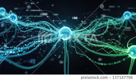 Abstract neural network visualization with glowing cyan nodes and lines connecting to central sphere labelled machine learning for artificial intelligence concept Abstract neural network visualization with glowing cyan nodes and lines connecting to central sphere labelled machine learning for artificial intelligence concept 137187706