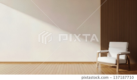 Minimalist living room interior with modern white armchair wooden floor and wall panel with sunlight shadow for furniture design background Minimalist living room interior with modern white armchair wooden floor and wall panel with sunlight shadow for furniture design background 137187710