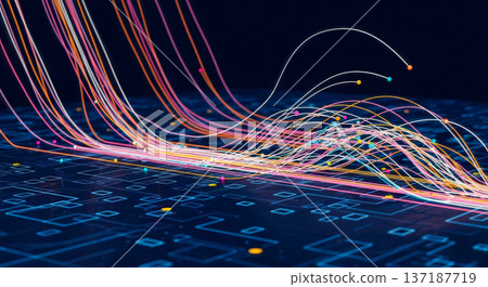 Futuristic digital data flow background with colorful glowing fiber optic lines moving on electronic circuit board for high speed internet Futuristic digital data flow background with colorful glowing fiber optic lines moving on electronic circuit board for high speed internet 137187719