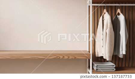 modern wardrobe interior wooden shelf hanging clothes beige wall mockup organization storage fashion apparel room furniture closet design neat folded modern wardrobe interior wooden shelf hanging clothes beige wall mockup organization storage fashion apparel room furniture closet design neat folded 137187733