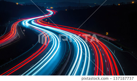 long exposure traffic lights night highway road red white car trails speed transportation curved motion infrastructure journey drive evening street dark landscape modern 137187737