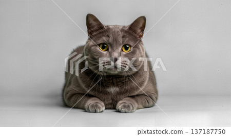grey british shorthair cat lying down looking camera grey background cute pet animal portrait feline fluffy domestic breed studio fur eyes grey british shorthair cat lying down looking camera grey background cute pet animal portrait feline fluffy domestic breed studio fur eyes 137187750