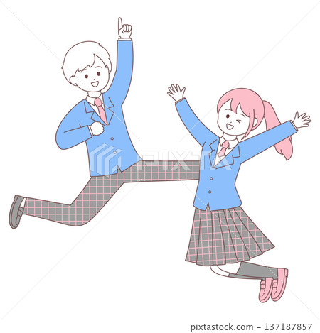 A lively high school couple jumping | Simple and cute illustration 137187857