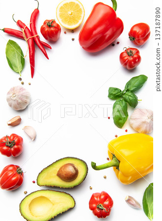 Fresh vegetables and spices creating a border 137187890