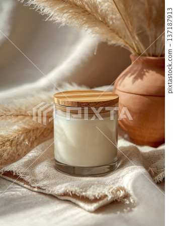 Minimalist scented candle in a glass jar with a wooden lid on soft linen fabric with natural sunlight and leaf shadows, cozy home decor for relaxation and wellness. 137187913