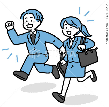 Young businessman and businesswoman running with two-colored smiles 137188234
