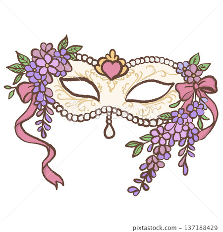 Elegant masquerade mask decorated with wisteria flowers pink ribbon bows pearl garland and heart ornament hand drawn romantic regency illustration for wedding and carnival designs Elegant masquerade mask decorated with wisteria flowers pink ribbon bows pearl garland and heart ornament hand drawn romantic regency illustration for wedding and carnival designs 137188429